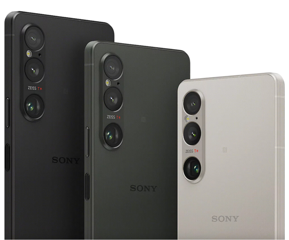 Three Sony Xperia smartphones showcasing their professional ZEISS camera systems in black, green, and silver colors